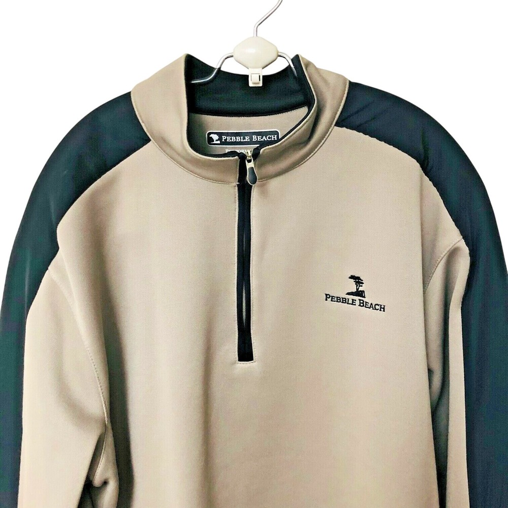 Pebble Beach Mens Performance Golf Pullover Sz M 1/4 Zip Embroider Logo Taupe